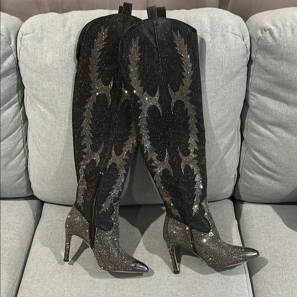 Gianni Bini Black and Silver Heeled Boots with Stiletto Elegance